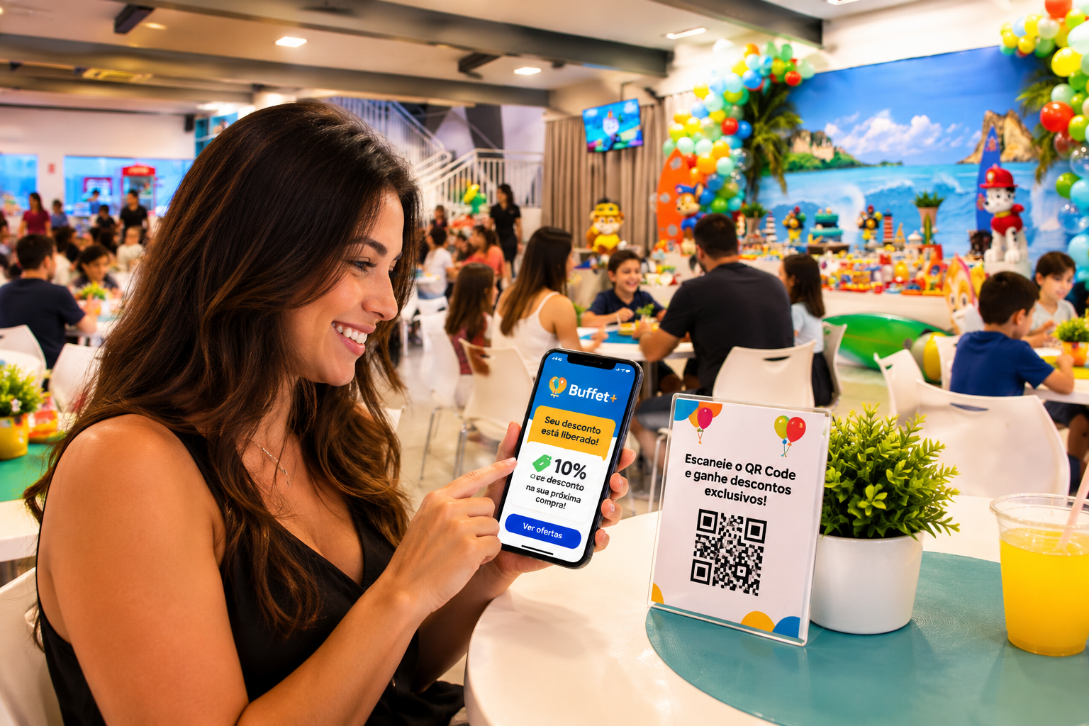 Mãe lendo o QR Code na mesa de um buffet infantil e recebendo um desconto