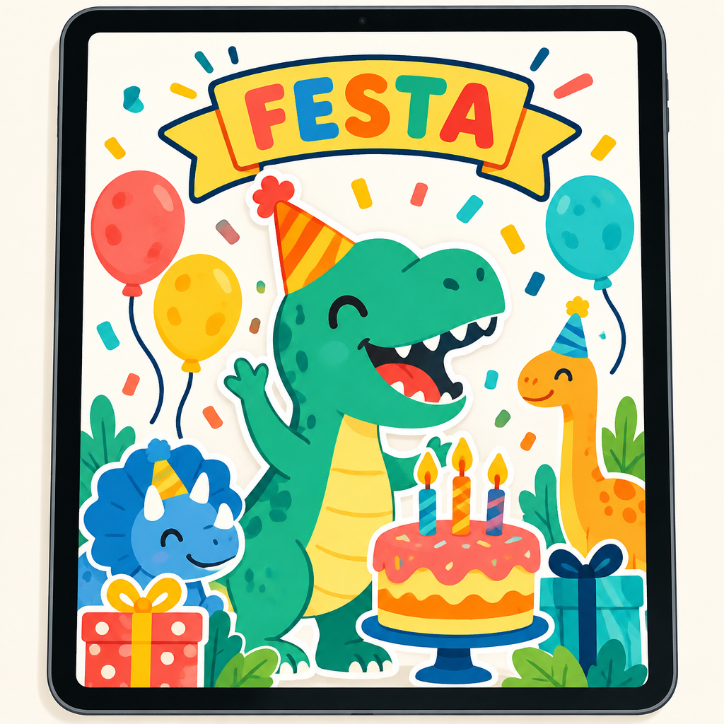 Tablet com arte exclusiva de festa infantil com tema de dinossauros