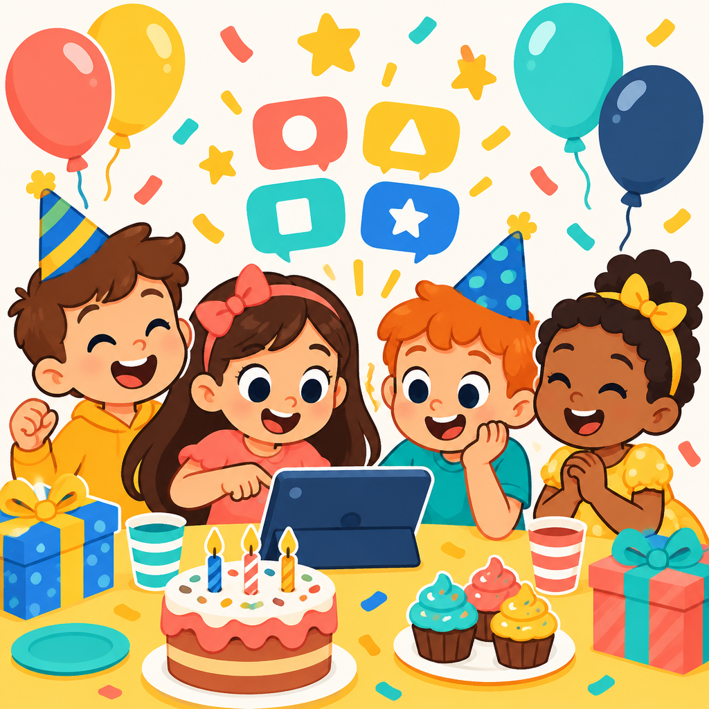 Crianças em uma festa jogando um jogo interativo no tablet
