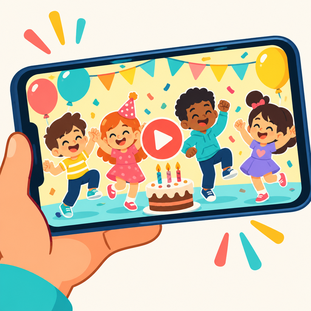 Celular exibindo um vídeo animado e exclusivo de festa infantil